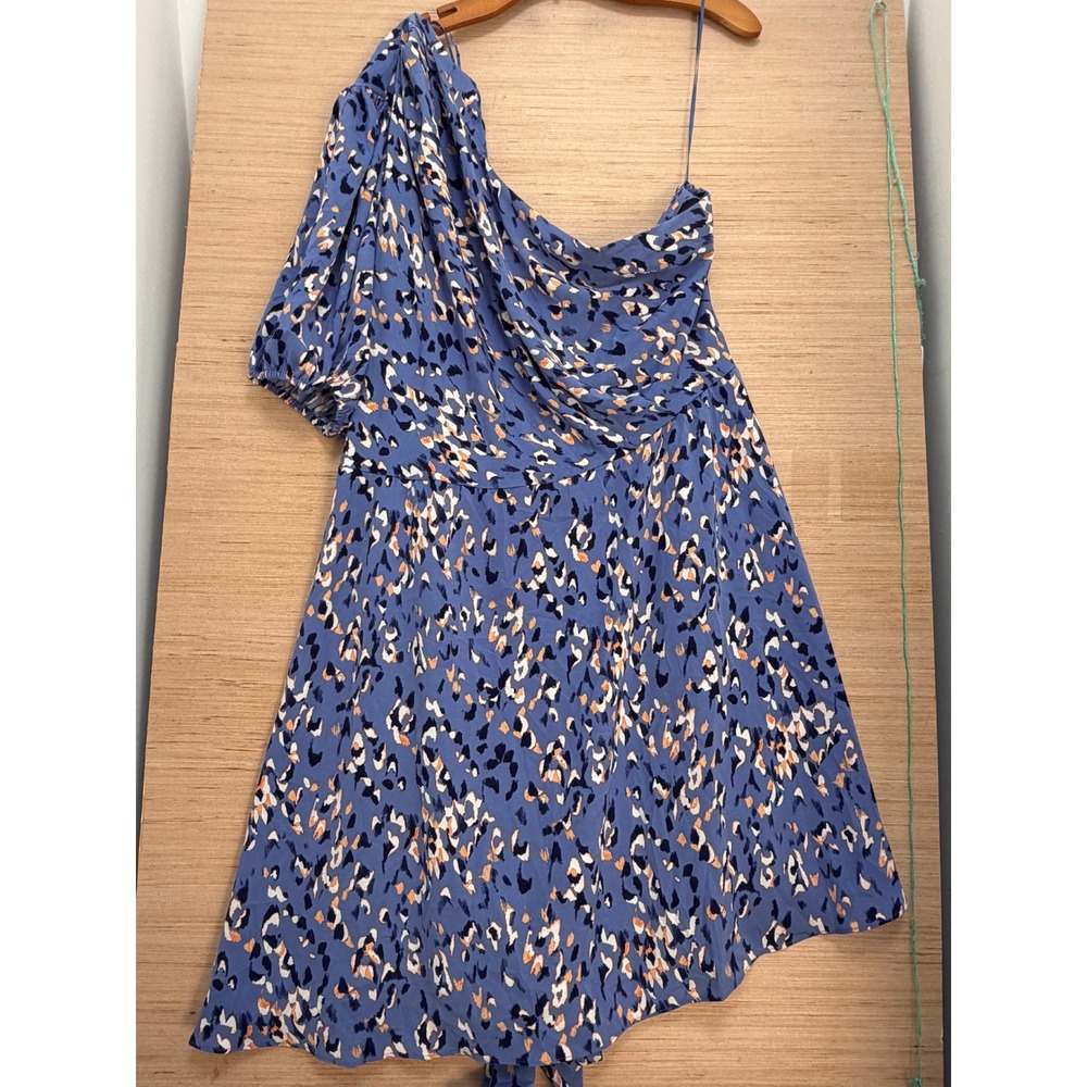 Nine West Womens Plus 3X One Shoulder Animal Print Mini Dress Blue Tie Waist